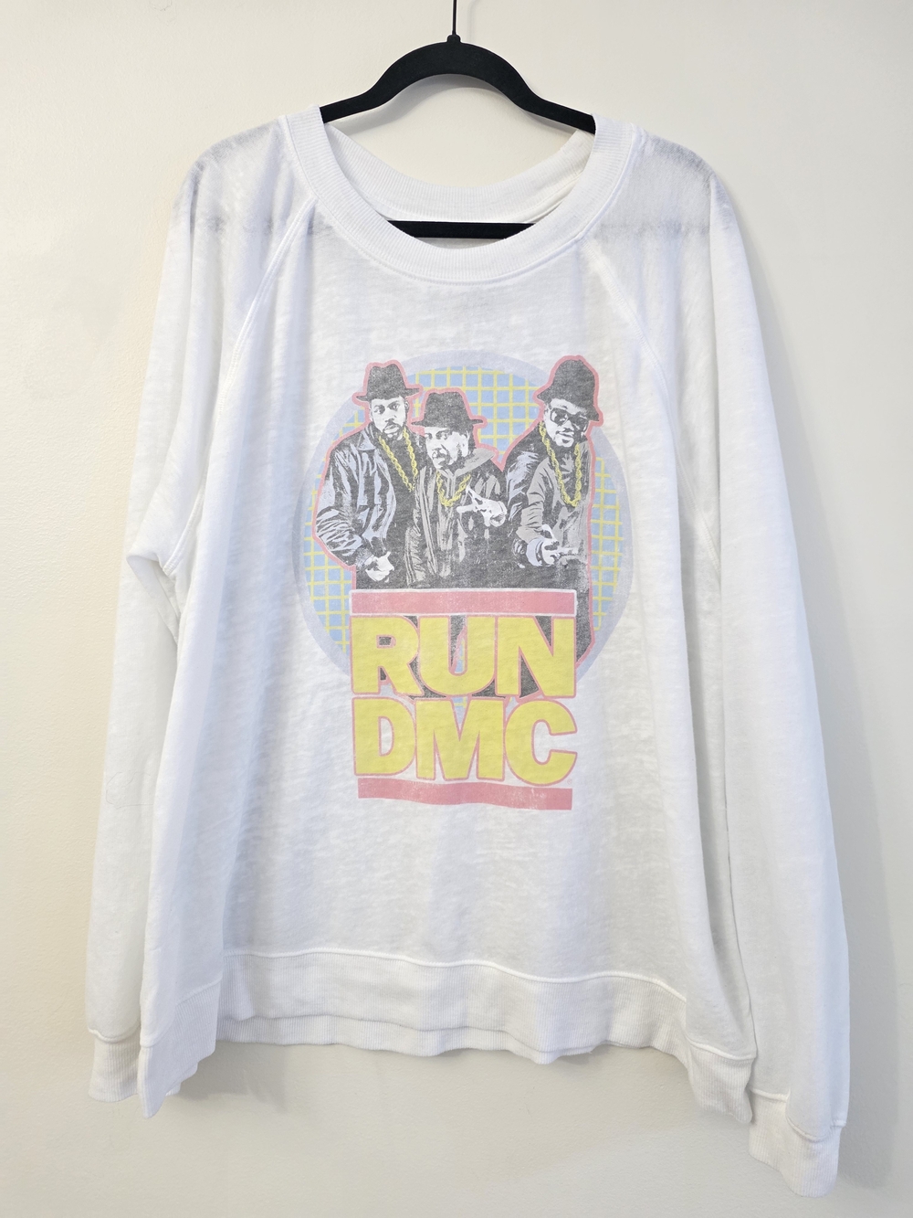 Recycled Karma White RUN DMC Retro Logo Crewneck with Yellow & Pink Accents